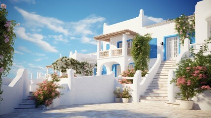 Fototapeta na wymiar Traditional mediterranean white house. Summer architectural background with blue sky
