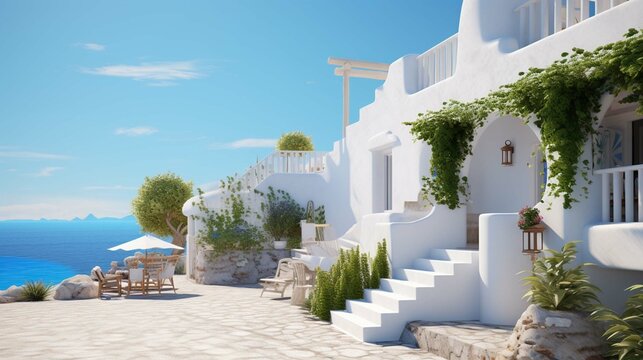 Fototapeta Traditional mediterranean white house. Summer architectural background with blue sky