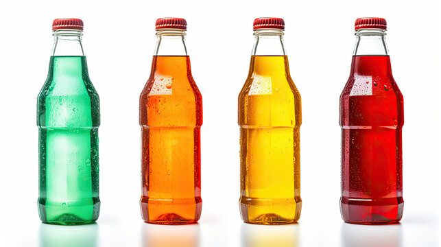 four different colored soda bottles isolated on white background