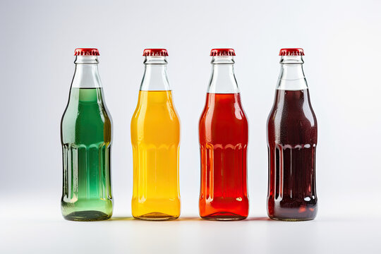 four different colored soda bottles isolated on white background