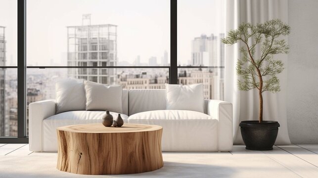 Tree stump accent coffee table near white sofa with black pillows against window. Minimalist home interior design of modern living room