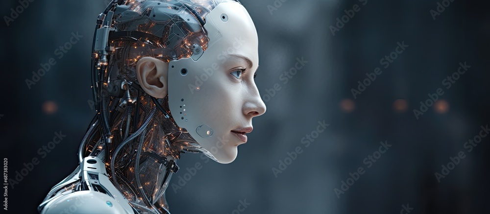 Poster humanoid-headed ai with chip awaits user's command.