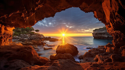 view from the stone cave at sunset. sunset from the cave with sea in the background