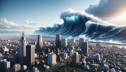 Tsunami Engulfing Osaka in a Powerful 3D Scene