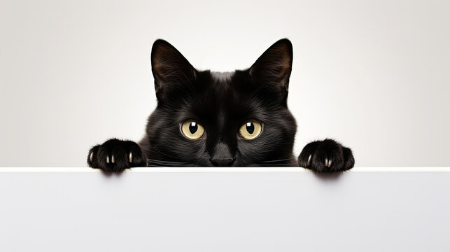 black cat peeking over a white table