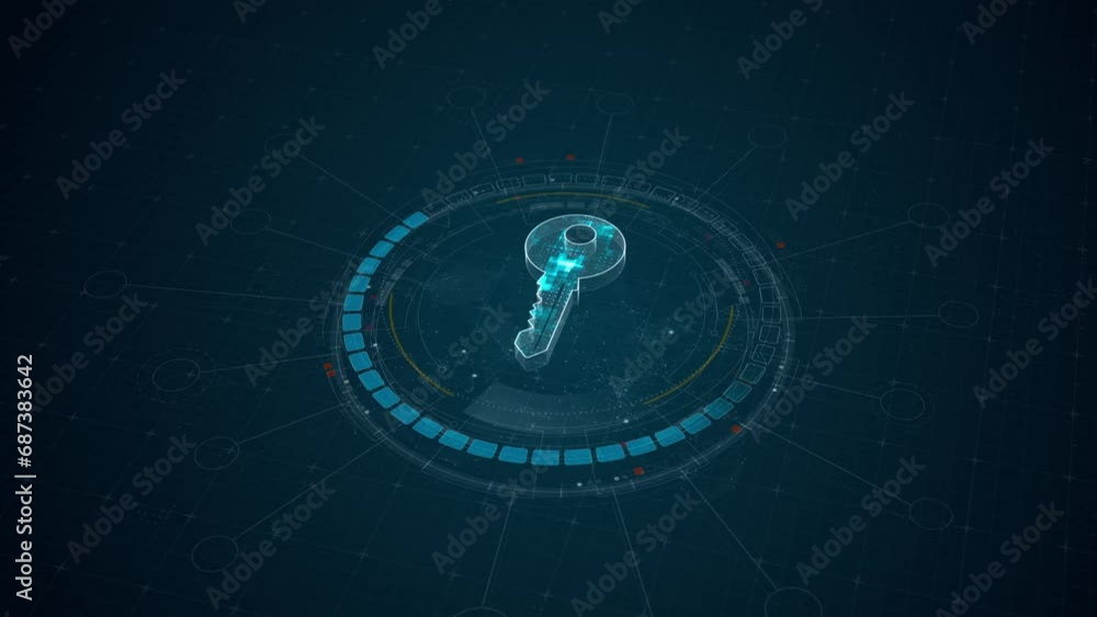 Poster motion graphic of blue digital security key logo and circle futuristic hud elements with network fir