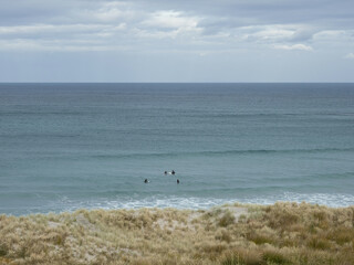 Fototapeta na wymiar Mangawhai Heads surf beach with surfers, high tide, small swell