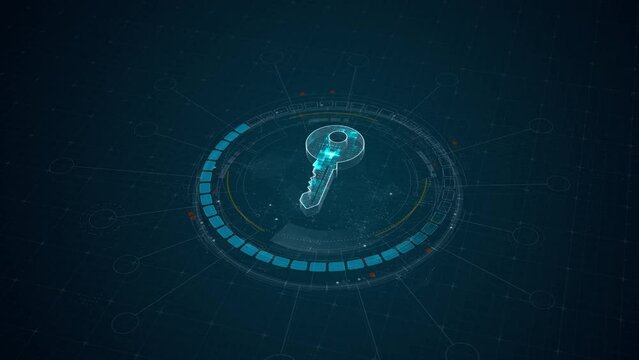 Motion graphic of Blue digital security key logo and circle futuristic HUD elements with network firewall technology and data secure concepts on abstract background