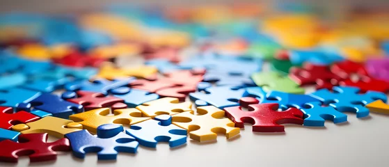 Fotobehang colorful puzzle pieces on a white background, shallow focus © Backdesign