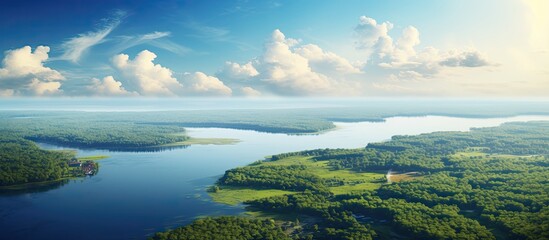 A peaceful scene of Oyster Bay in New York from above on a sunny day.