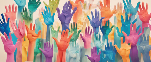 This is a photo of a group of colorful hands reaching upwards. The hands are made of paper and are in various colors. Diversity and inclusion.  - obrazy, fototapety, plakaty
