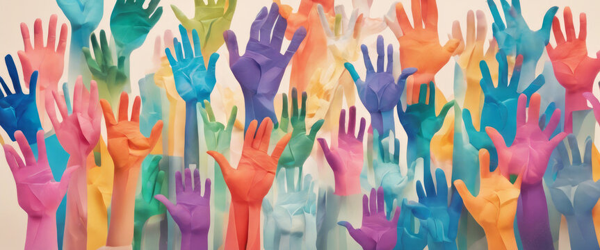 This is a photo of a group of colorful hands reaching upwards. The hands are made of paper and are in various colors. Diversity and inclusion. 