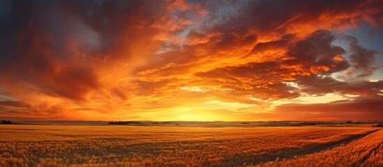 Autumnal sunset in prairies - vibrant sunset with orange sun, dark cloudy sky, and harvested fields.