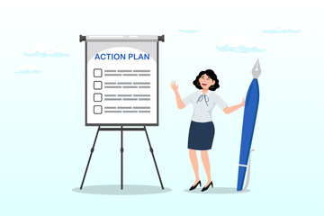 Fototapeta premium Businesswoman present action plan with checklist step on whiteboard, action plan step by step checklist to progress and finish project, procedure or action steps to develop and complete work (Vector)