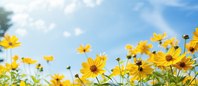 The yellow flowers are blooming beautifully, surrounded by green nature, under a sunny sky.