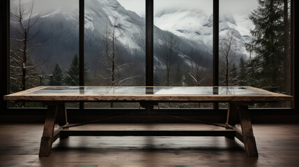 Table in empty room with large windows - snow on mountains in background - rustic - country - vacation - getaway - travel 