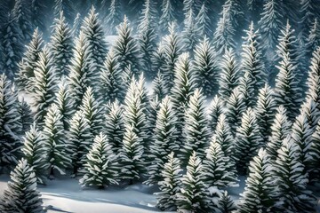 A cluster of evergreen trees dusted with snow, creating a peaceful winter tableau.