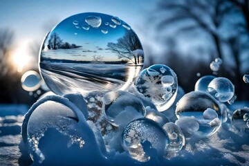 A cluster of frozen bubbles trapped in a layer of ice, creating a captivating winter sculpture. - Powered by Adobe