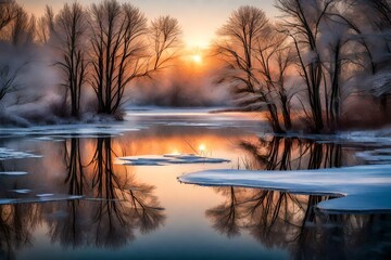 A frozen pond reflecting the delicate colors of a winter sunrise, a moment frozen in time.