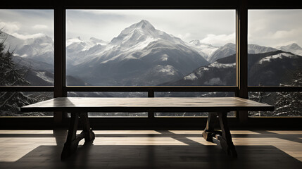 Fototapeta premium Table in empty room with large windows - snow on mountains in background - rustic - country - vacation - getaway - travel 