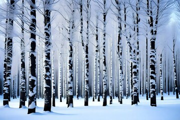 A row of frosted birch trees, their white bark standing out against the winter landscape.