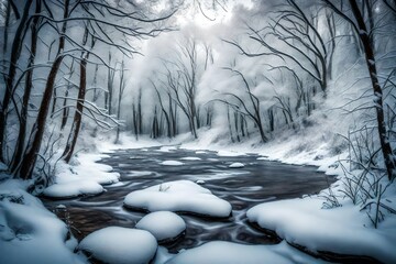 A frozen creek winding its way through a snowy forest, surrounded by silence.