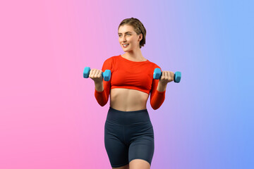 Fototapeta na wymiar Full body length gaiety shot athletic and sporty woman with dumbbell for weight lifting as bodybuilding exercise in standing posture on isolated background. Healthy active and body care lifestyle