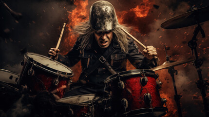 Intense drummer performing with fiery backdrop.