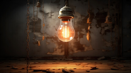 Illuminated bulb in a dim, abandoned room.