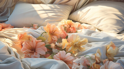 Flowers scattered on a sunlit, cozy bed.