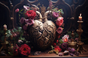 Valentines Day background. Gothic still life scene with rich flowers