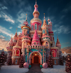 Fototapeta na wymiar Santa's castle with bright colors decorated with christmas candy