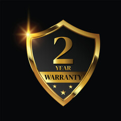 2 year warranty logo with golden shield and golden ribbon.Vector illustration.