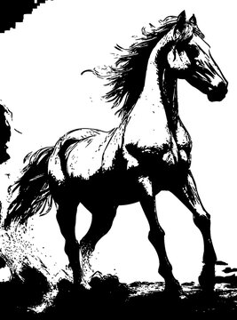 black and white horse running clip art preview