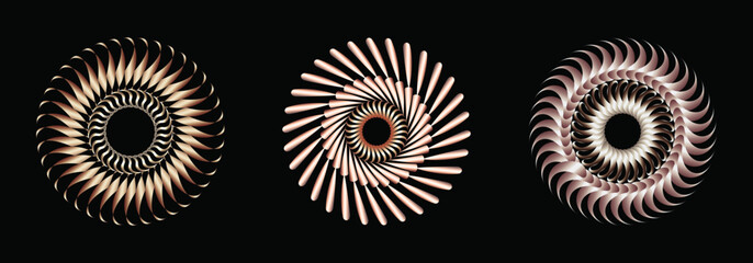 Set of editable spiral line flowing from the center, an abstract geometric circular flower shapes. Trendy design element suits frames, round logos, signs, symbols, web graphics, and prints.	