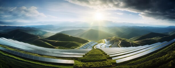 Landscape view of large solar panel farm on the top of green mountain. Concept of renewable energy