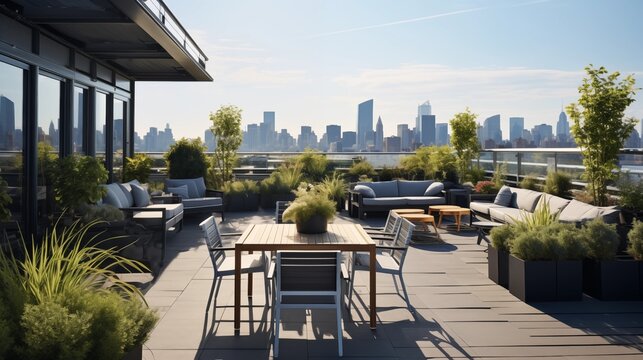 Eco-friendly office and home with furniture on rooftop garden. Concept for corporate buildings