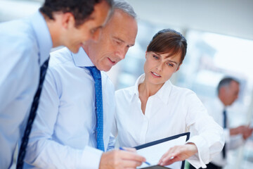 Business people, meeting and documents with conversation, mentor and planning with support,...