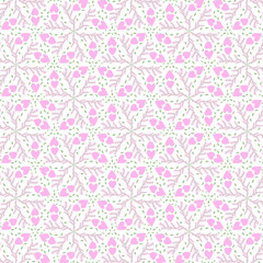 Seamless pattern with pink hearts and green leaves on a white background.