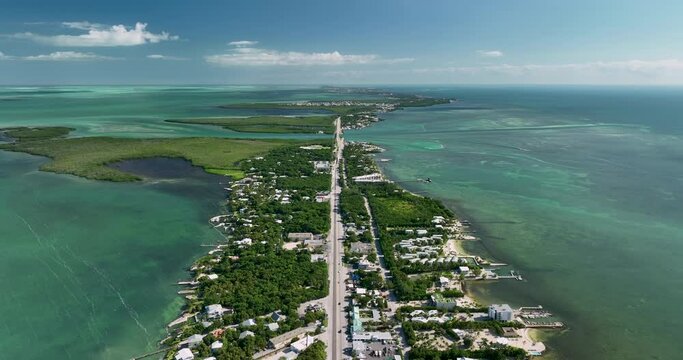 High angle aerial view of Islamorada, one of Florida Keys known for their coral reefs and turquoise water