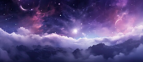 Observing a serene, dreamlike space adorned with vibrant purple and pink swirls along with sparkling stars. - obrazy, fototapety, plakaty