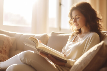 Hobbies, leisure and lifestyles concept. Woman reading book in cozy living room illuminated by sun from window