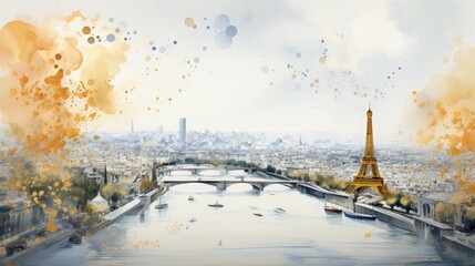 Paris Olympic Games 2024 Background Wallpaper Template Eiffel Tower Seine River Opening Ceremony Celebration for Presentation Slides Watercolor Illustration with Copy Space 16:9 - obrazy, fototapety, plakaty