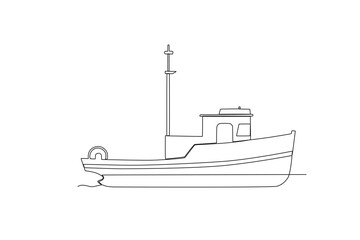One line drawing of modern Fishing boat. Sea or river ship, flat icon. Sea and river vehicles. Water transport. Continuous line draw design graphic vector illustration
