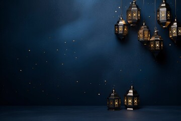 eid al fitr greeting with lanterns on dark blue background with generative ai - obrazy, fototapety, plakaty
