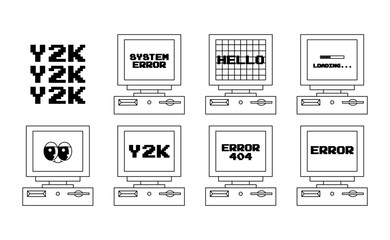User Interface y2k stickers. Retro personal computers icon in flat style. Nostalgia pc elements and operating system. Black white colors. Vector illustration.