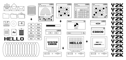 User Interface y2k stickers. Retro icon browser, buttons, screen computer, folder, file, document thumbnails, loading progress bar, notifications and more. Black, white colors. Vector illustration.