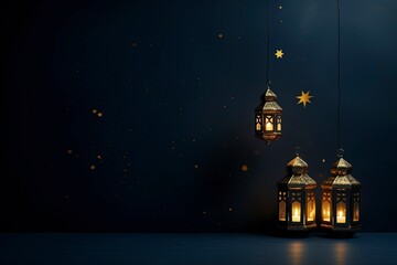 Obraz premium eid al fitr greeting with lanterns on dark blue background with generative ai