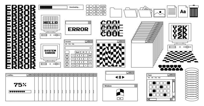 User Interface y2k stickers. Retro icon browser, buttons, screen computer, folder, file, document thumbnails, loading progress bar, notifications and more. Black, white colors. Vector illustration.