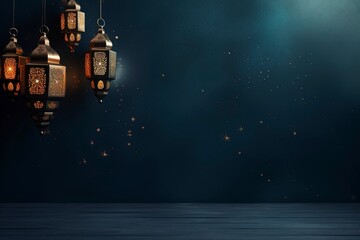 Fototapeta na wymiar eid al fitr greeting with lanterns on dark blue background with generative ai